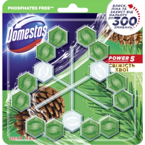 Туалетный блок для унитаза Domestos Power 5 Свежесть хвои, 3×55 г